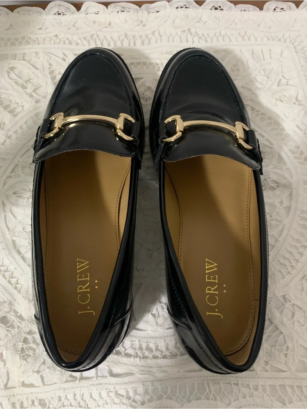 J. Crew Factory Women's Glossy Black Loafers with Gold Horsebit Accent Size 7
